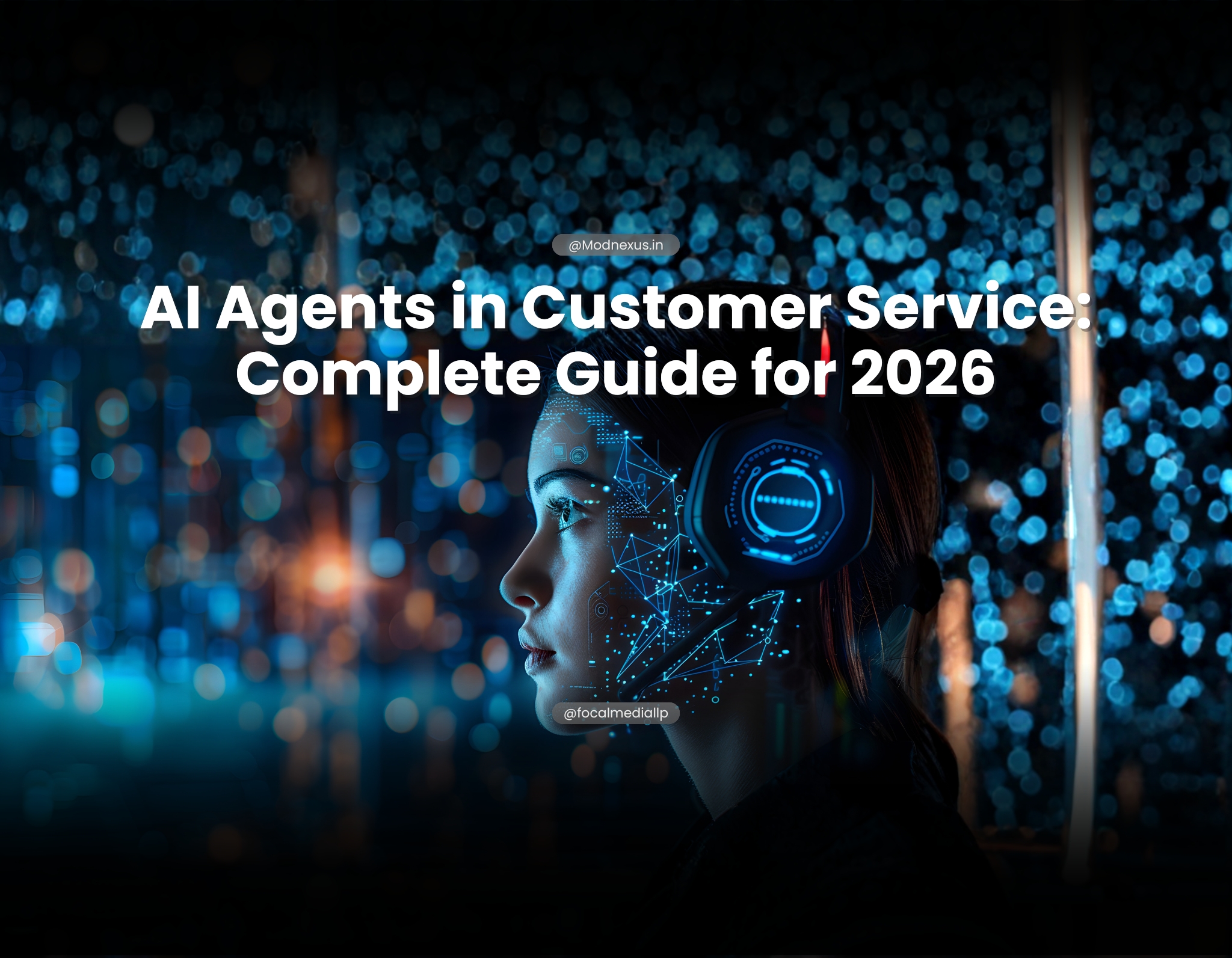 AI-powered customer service agent with neural network face overlay and advanced headset representing intelligent automated customer support in 2026