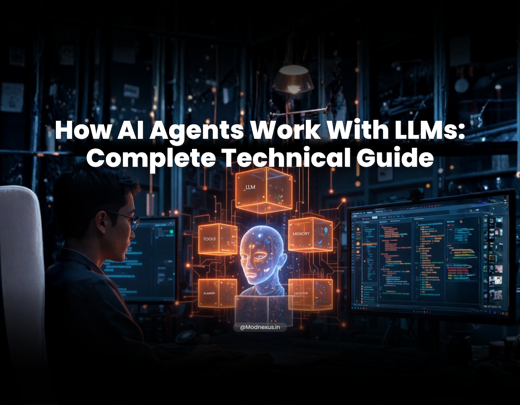 How AI agents work with LLMs complete technical guide - LLM memory tools planner and executor architecture explained by ModNexus