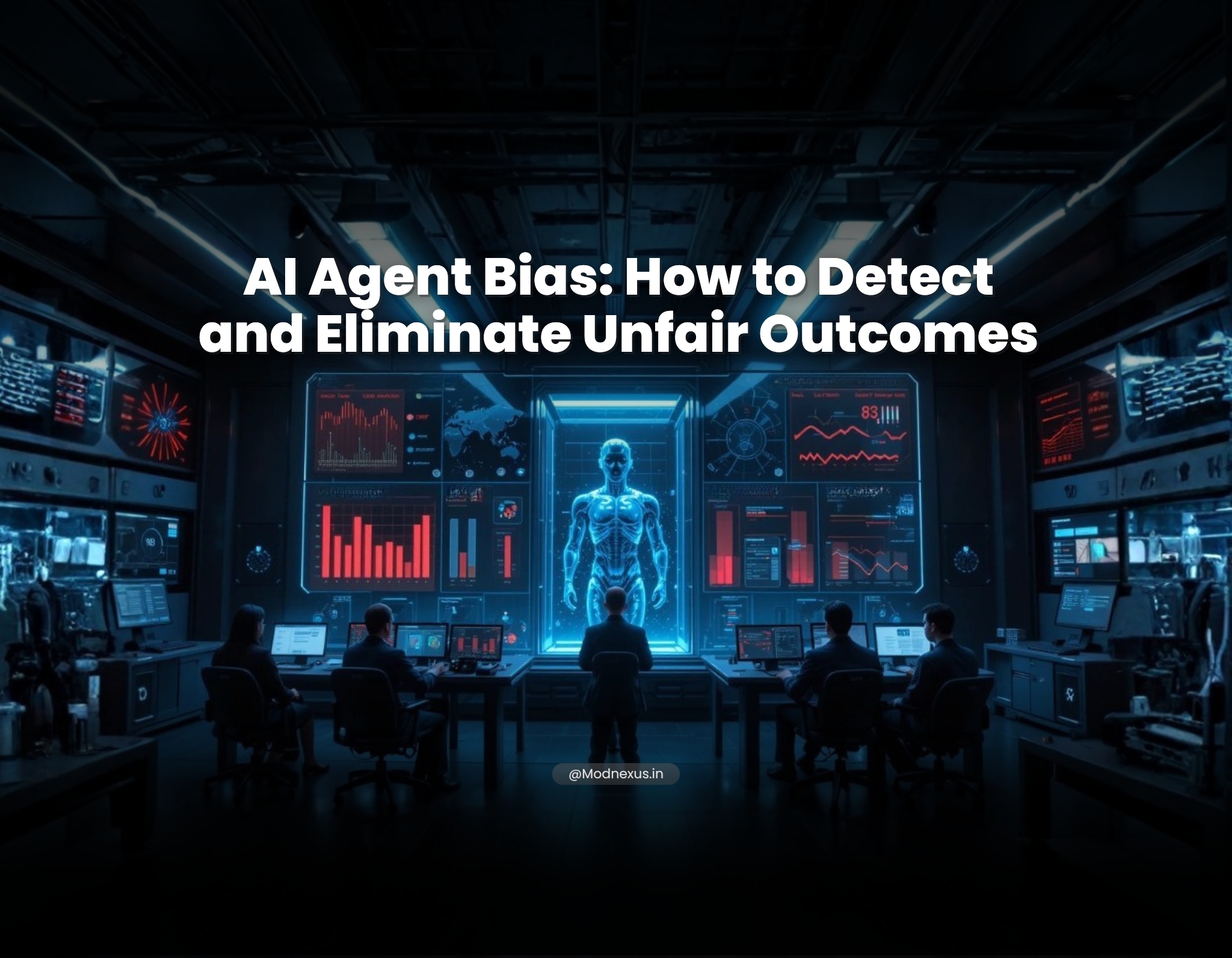 Futuristic AI monitoring lab displaying an AI humanoid and analytics dashboards focused on detecting and reducing bias in AI decision-making systems.
