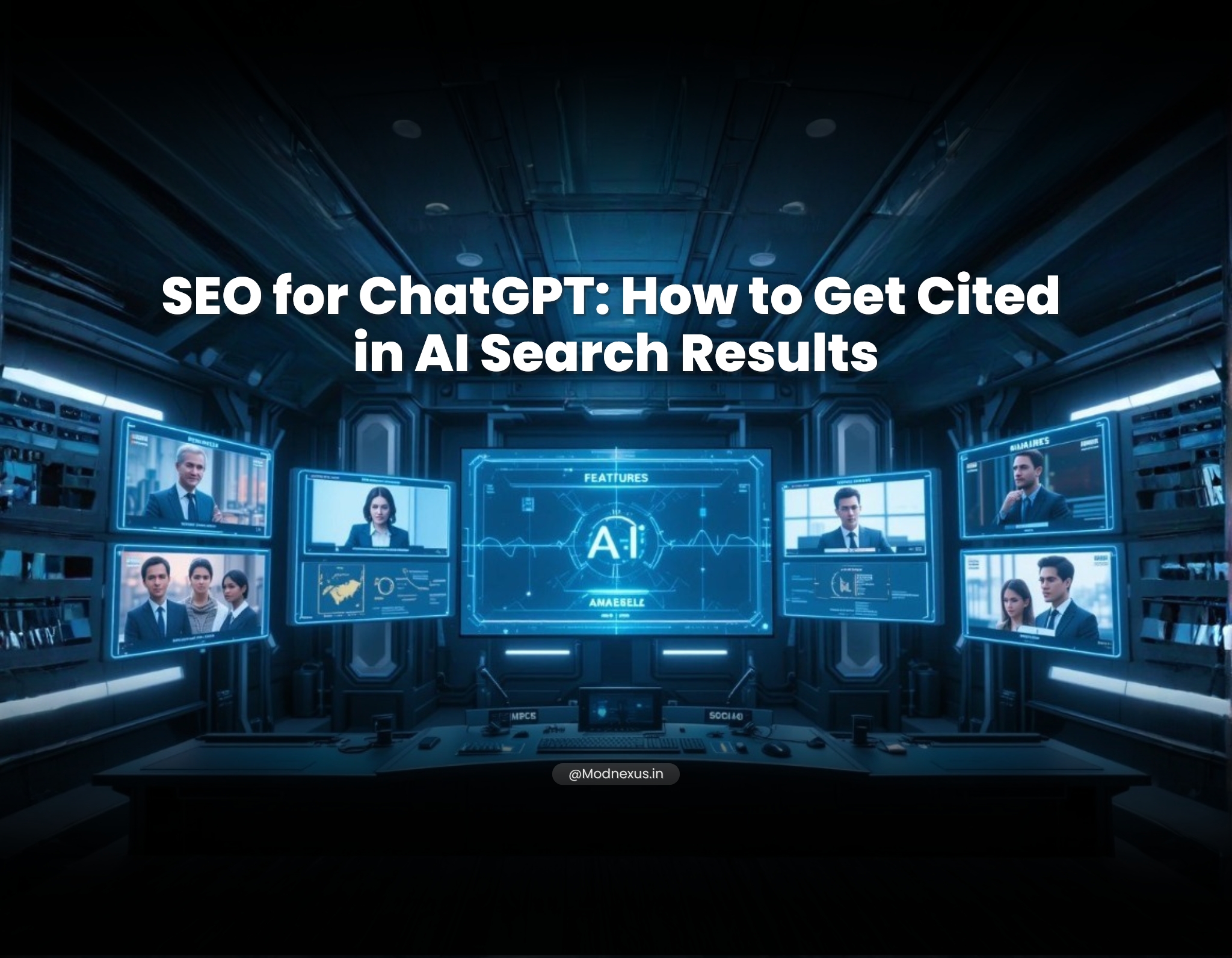 Futuristic AI control room with multiple screens and a central AI dashboard, featuring the title “SEO for ChatGPT: How to Get Cited in AI Search Results”